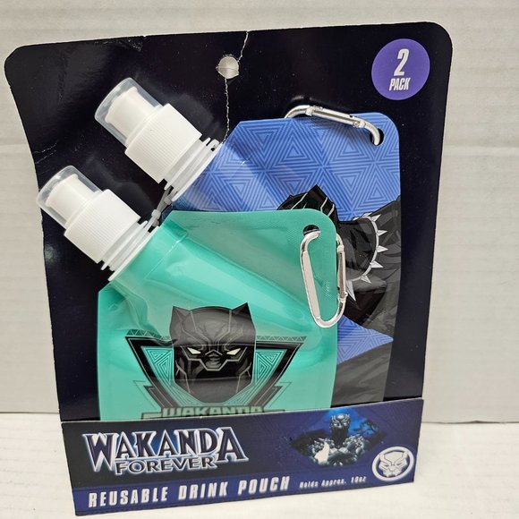 New 2 Marvel Comics Wakanda Forever Reusable Drink Pouch Holds Approx 10oz - Picture 2 of 9